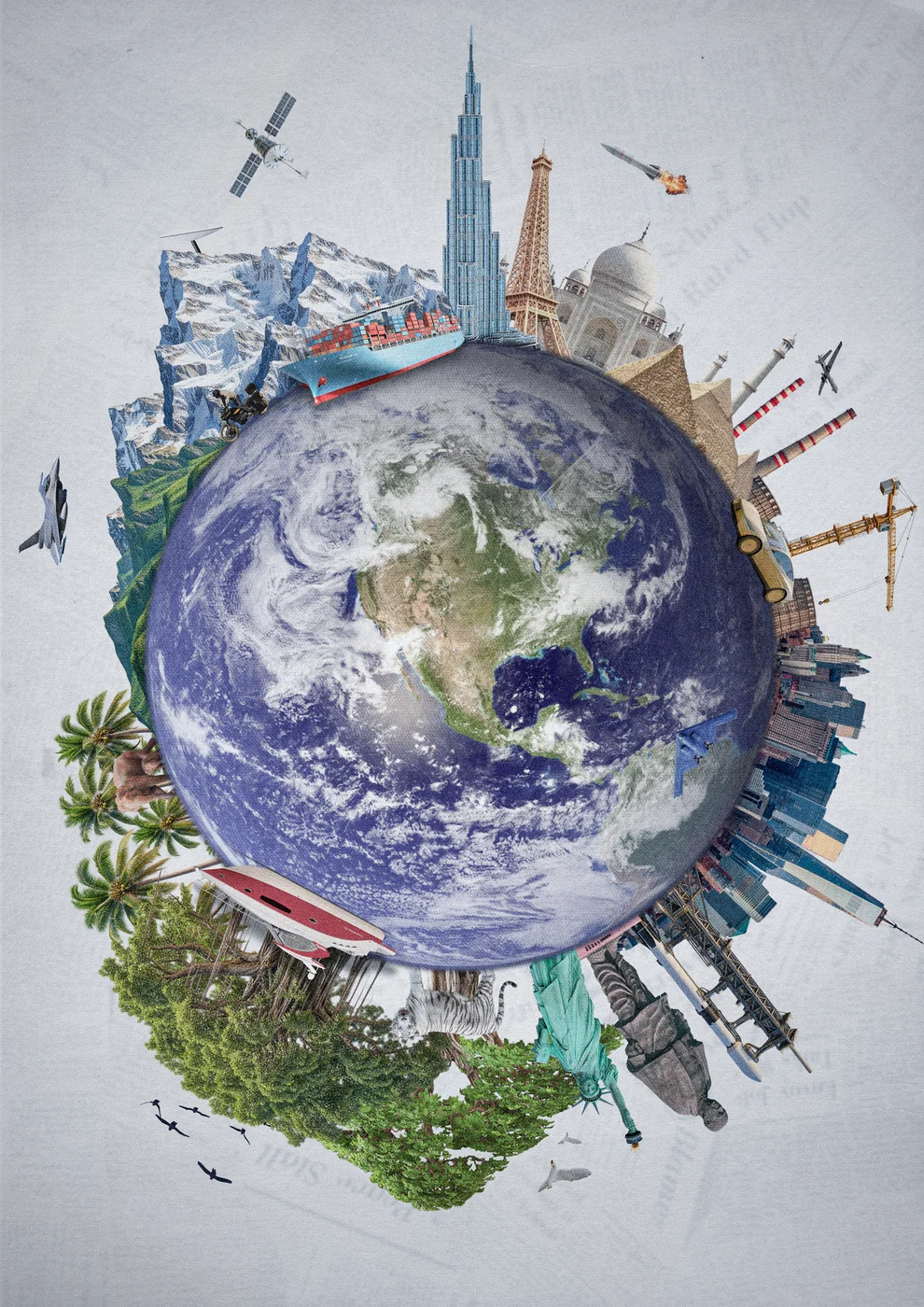 Earth collage surrounded by global landmarks and nature